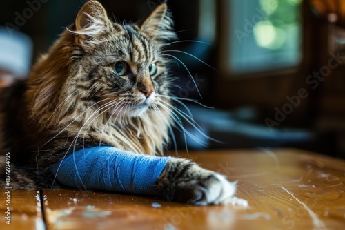 Bandage on front broken leg of a tabby kitten or a injured leg of a cat photo