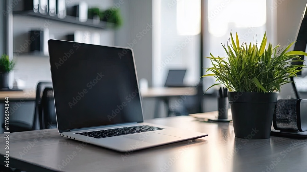A clean workspace with a light gray wall, modern desk, and indoor plant for Zoom calls A clean workspace with a light gray wall, modern desk, and indoor plant for Zoom calls