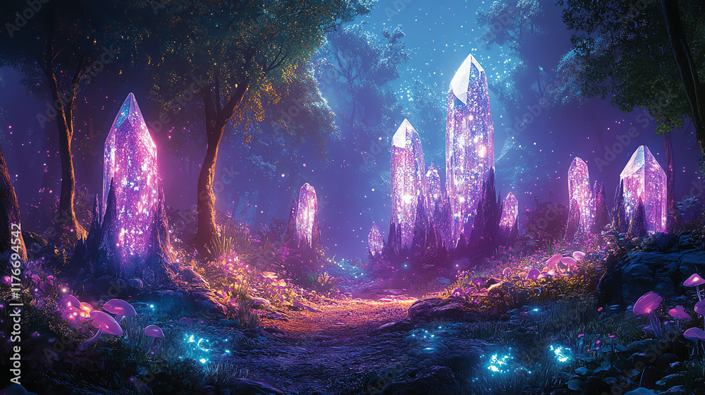 Obraz premium Magical forest with glowing crystals and foliage.