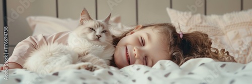 A little girls is lying on the bed holding her cat. AI Generated