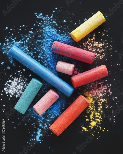 Colorful chalk pieces scattered on a black background, creating a vibrant artistic display. photo