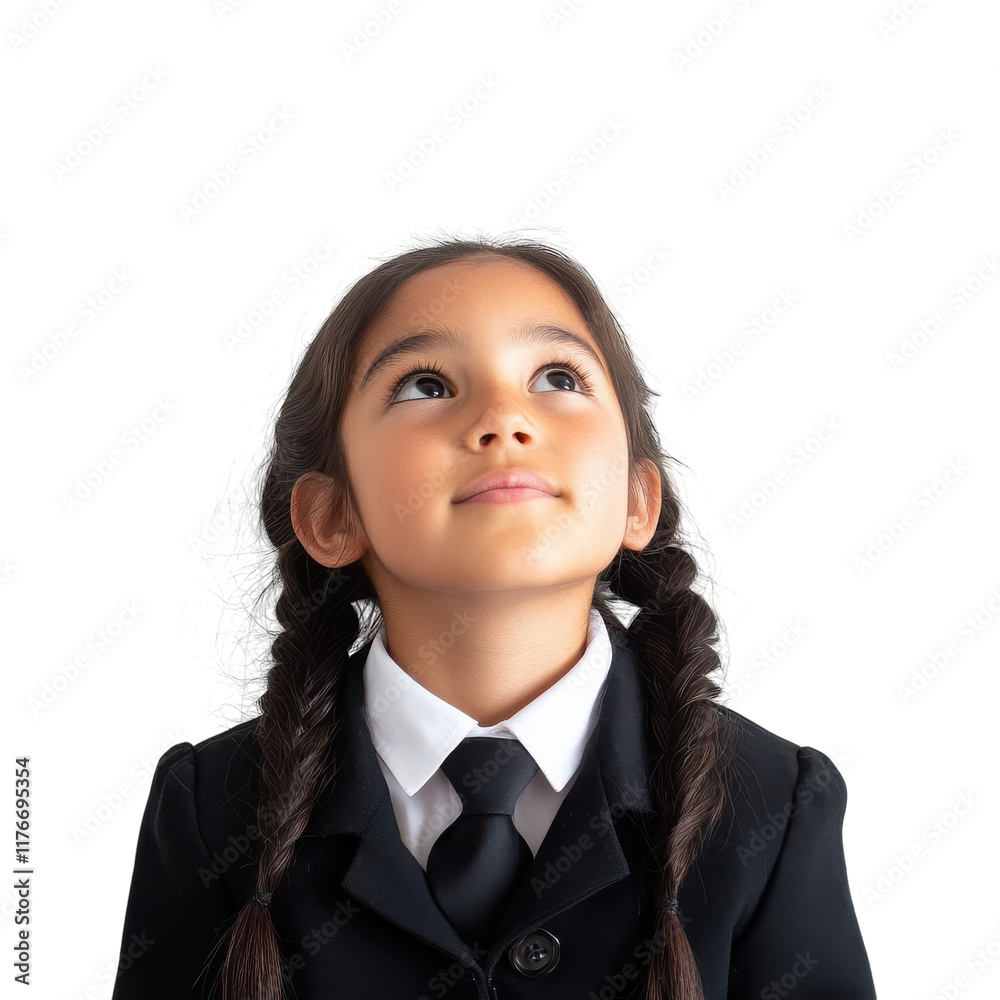 Young Latin School Girl in Uniform Looking Up on transparent background Young Latin School Girl in Uniform Looking Up on transparent background