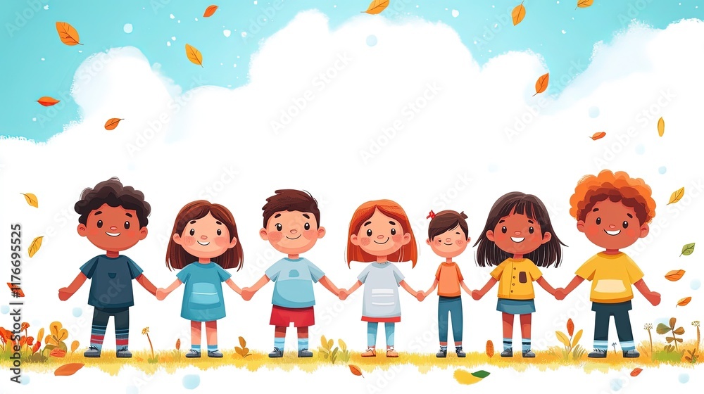A diverse group of children holding hands in a colorful, cheerful outdoor setting. A diverse group of children holding hands in a colorful, cheerful outdoor setting.
