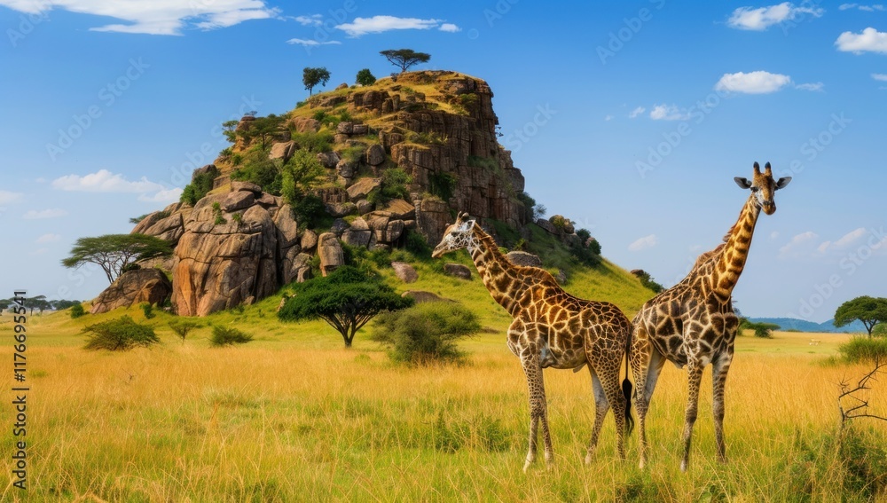 Fototapeta premium giraffe in the wild in beautiful sunny day, blue sky with white clouds in the background