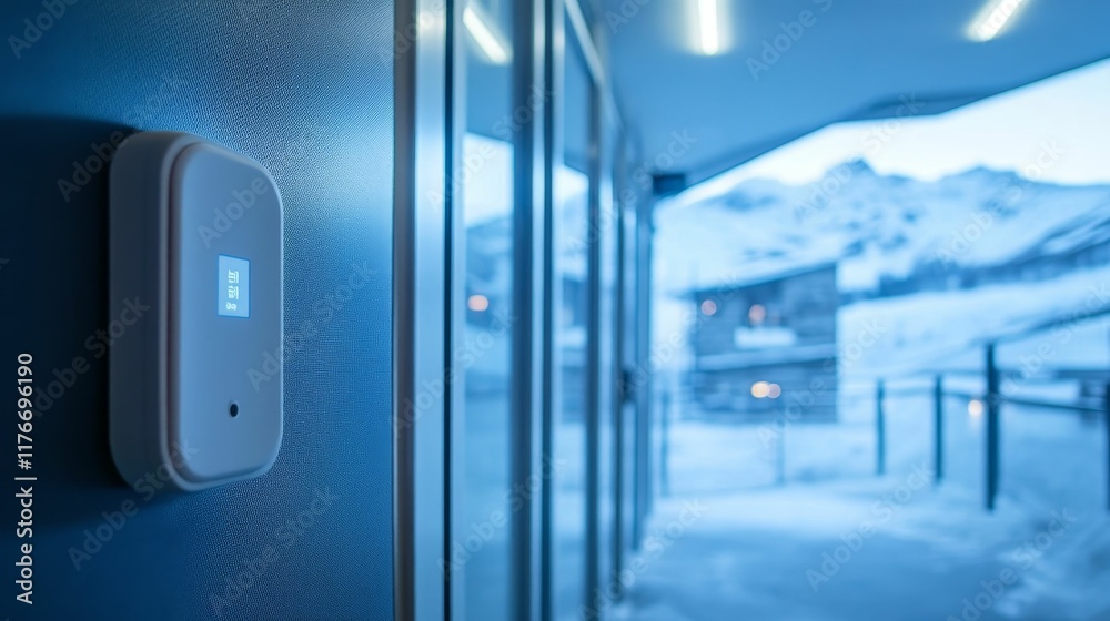 Naklejka premium Wall-mounted control panel, snowy winter view.