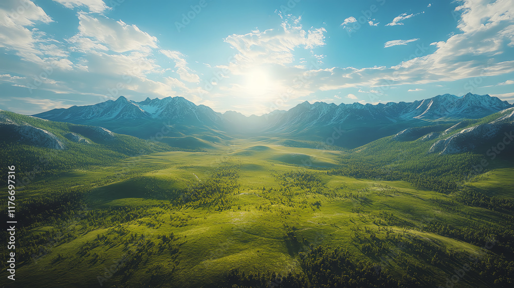 Naklejka premium Vast green valley with mountains under blue sky.