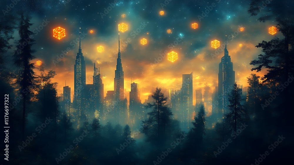 Fototapeta premium Glowing Cubes Illuminate City Skyline Through Forest