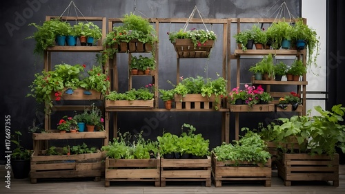 Creative Vertical Garden Display With Wooden Crates and Vibrant Plants in a Modern Indoor Setting