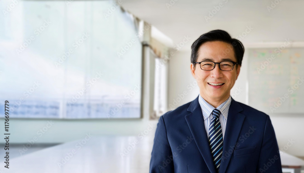 a confident Asian businessman wearing glasses and a navy blue suit, smiling in a modern office environment, corporate professionalism. Ideal for business, corporate, and executive themes a confident Asian businessman wearing glasses and a navy blue suit, smiling in a modern office environment, corporate professionalism. Ideal for business, corporate, and executive themes