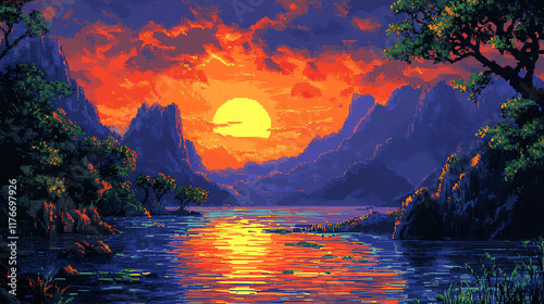 Vibrant sunset over tranquil mountain lake.