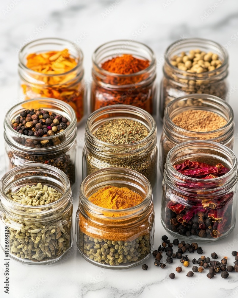 A vibrant display of various spices in glass jars, showcasing a colorful array of culinary flavors. A vibrant display of various spices in glass jars, showcasing a colorful array of culinary flavors.