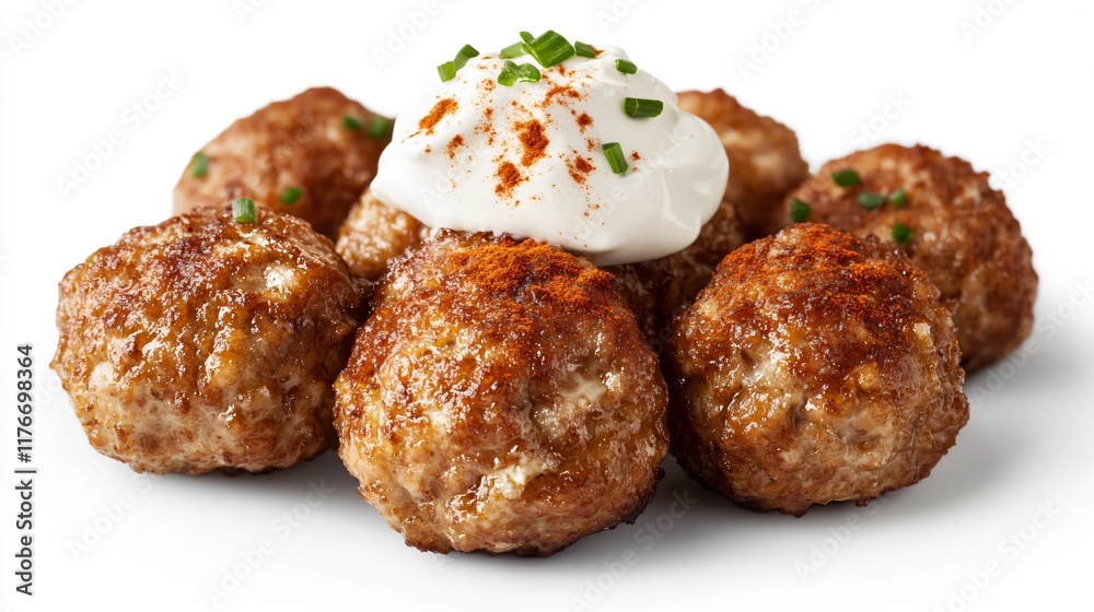 Swedish meatballs with a dollop of sour cream and a light dusting of paprika, isolated on a clean white surface Swedish meatballs with a dollop of sour cream and a light dusting of paprika, isolated on a clean white surface