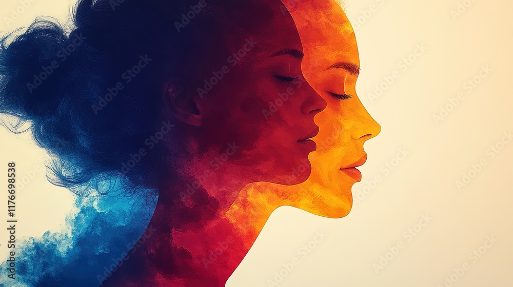 Abstract representation of two faces blending with colorful smoke, symbolizing duality and emotion. Abstract representation of two faces blending with colorful smoke, symbolizing duality and emotion.