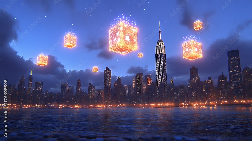 Obraz premium Illuminated Cubes Float Above a Nighttime Cityscape