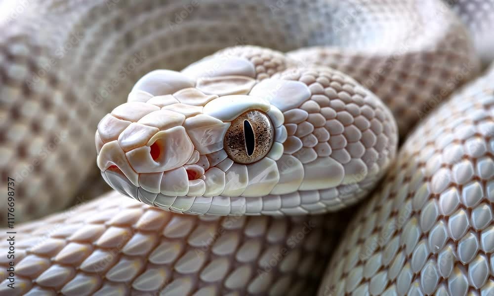 Close-up of albino snake coiled up with creamy-white scales and light brown eyes Close-up of albino snake coiled up with creamy-white scales and light brown eyes