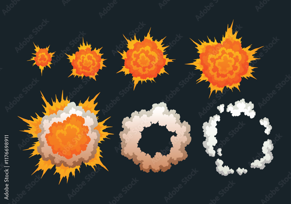 Explosion animation. Animation for game of the explosion effect. Cartoon animation for game. Exploding effect frames. Hand drawn vector illustration