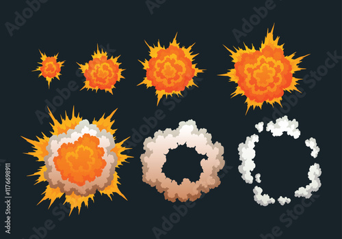 Obraz na płótnie Explosion animation. Animation for game of the explosion effect. Cartoon animation for game. Exploding effect frames. Hand drawn vector illustration w salonie