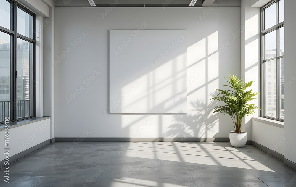 A 3D rendering of a stylish sunlit office with a blank white backlit wall and a green plant on a concrete floor, providing a perfect place for advertising poster placement A 3D rendering of a stylish sunlit office with a blank white backlit wall and a green plant on a concrete floor, providing a perfect place for advertising poster placement