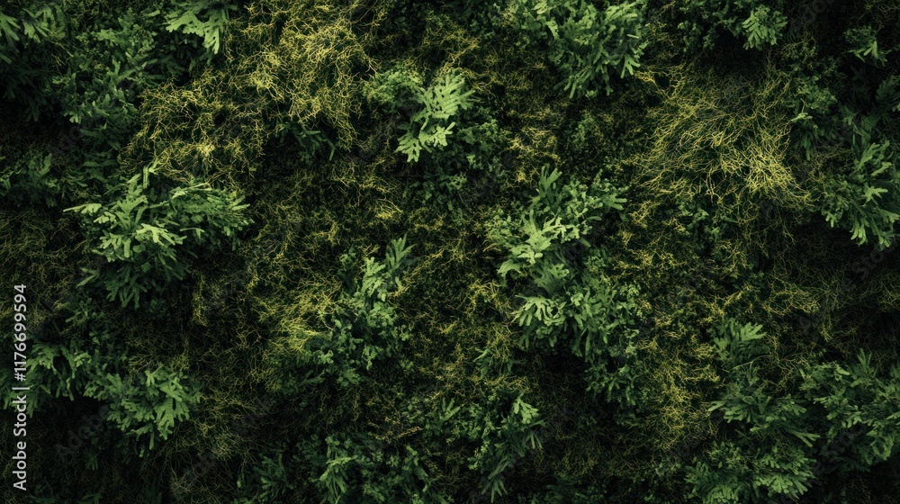 A textured surface of lush green foliage and moss. A textured surface of lush green foliage and moss.