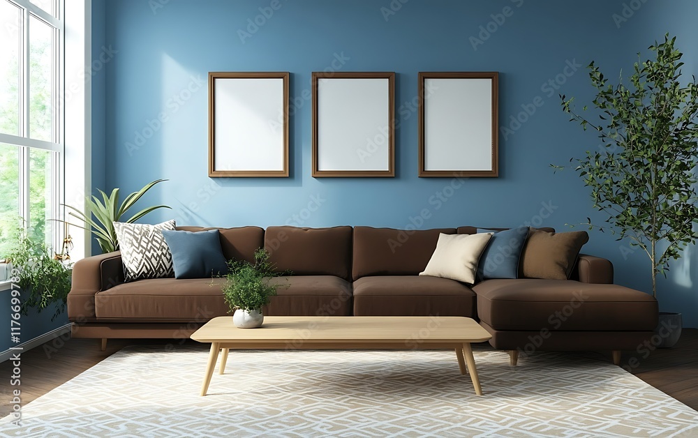 Fototapeta premium Modern living room interior with brown sofa, blank frames, and plants.