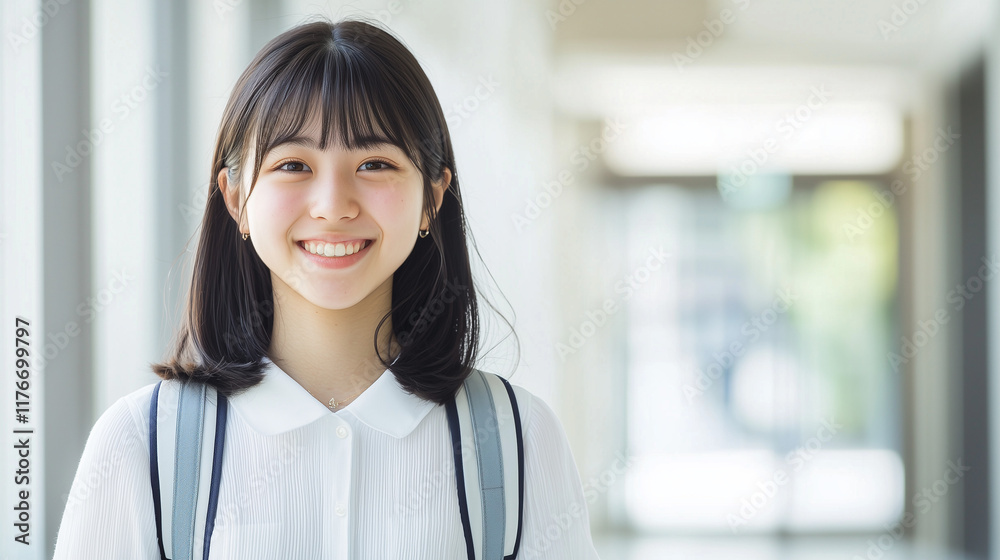 Smiling Student: A young woman with a bright smile and a backpack, radiating positivity and a sense of optimism as she confidently looks towards the camera. Smiling Student: A young woman with a bright smile and a backpack, radiating positivity and a sense of optimism as she confidently looks towards the camera.