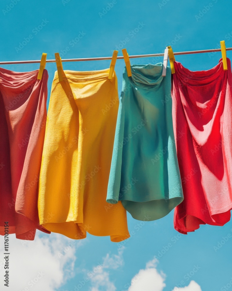 Colorful skirts hung out to dry under a bright blue sky, creating a cheerful summer vibe. Colorful skirts hung out to dry under a bright blue sky, creating a cheerful summer vibe.