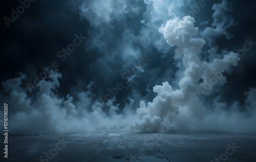 A dark background sets stage for an atmospheric stock photo, featuring an empty floor shrouded in billowing smoke, creating a sense of mystery and intrigue