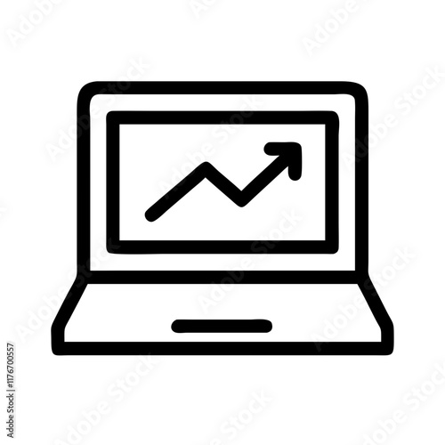 Notebook screen showing a graph with an up arrow symbolizing growth, success and positive trends.Vector isolated icon on transparent background