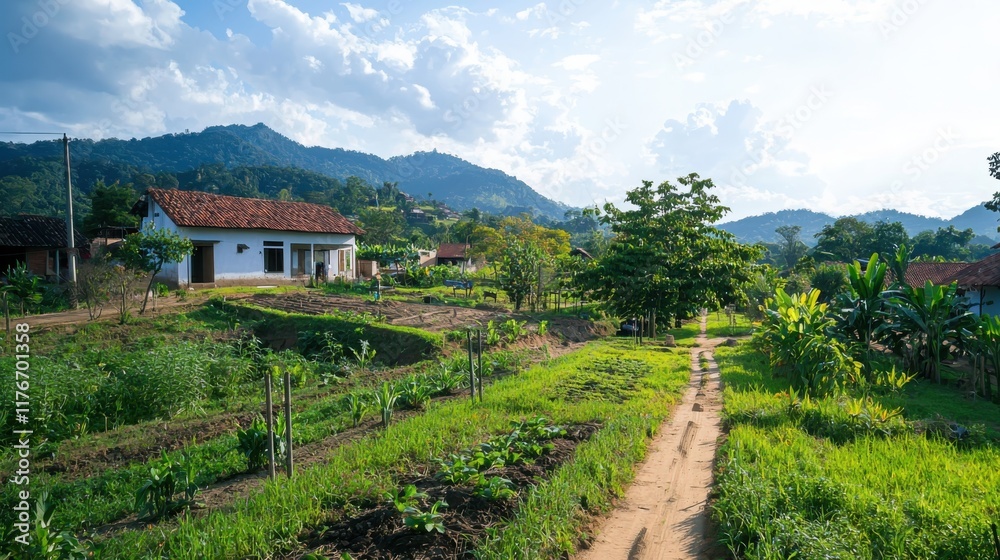 Naklejka premium Community development project focused on environmental sustainability in rural landscape community engagement nature views