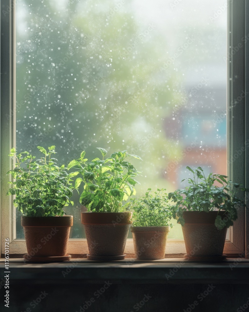 Potted herbs on a windowsill, illuminated by soft light and surrounded by gentle snowfall. Potted herbs on a windowsill, illuminated by soft light and surrounded by gentle snowfall.