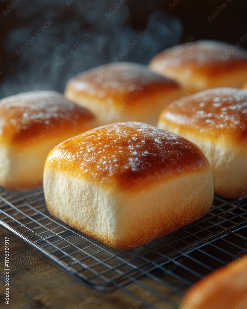 Freshly baked soft bread rolls cooling on a wire rack, golden brown and fluffy. Freshly baked soft bread rolls cooling on a wire rack, golden brown and fluffy.