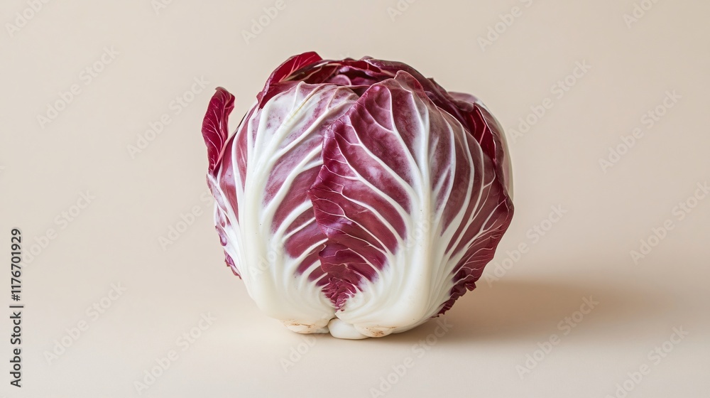 Fototapeta premium A fresh radicchio head, isolated on a neutral beige background, showcasing its vibrant color and crisp texture