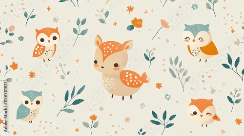 Adorable fawn and owls seamless pattern.