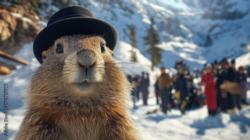 Punxsutawney Phil the famous groundhog in black hat, in snow on Groundhog Day, February 2