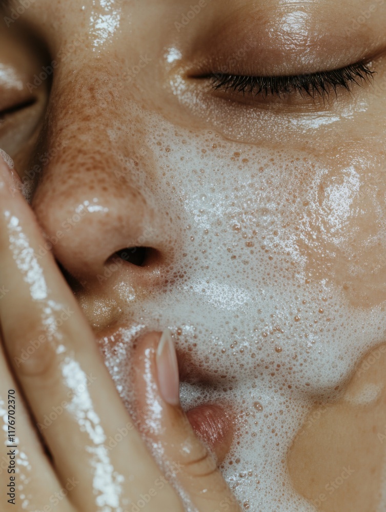 Fototapeta premium close up photo of woman washing face with facial soap, white background, beauty photography, beauty magazine cover style photoshoot