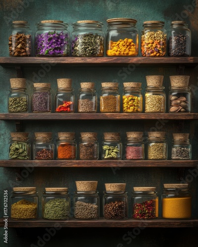 Wallpaper Mural A vibrant display of various herbs and spices in glass jars on wooden shelves, showcasing rich colors and textures. Torontodigital.ca