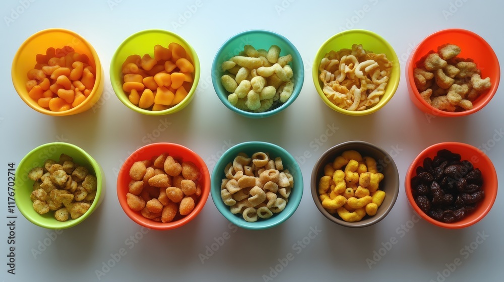A variety of Indian farsan snacks displayed in colorful bowls A variety of Indian farsan snacks displayed in colorful bowls