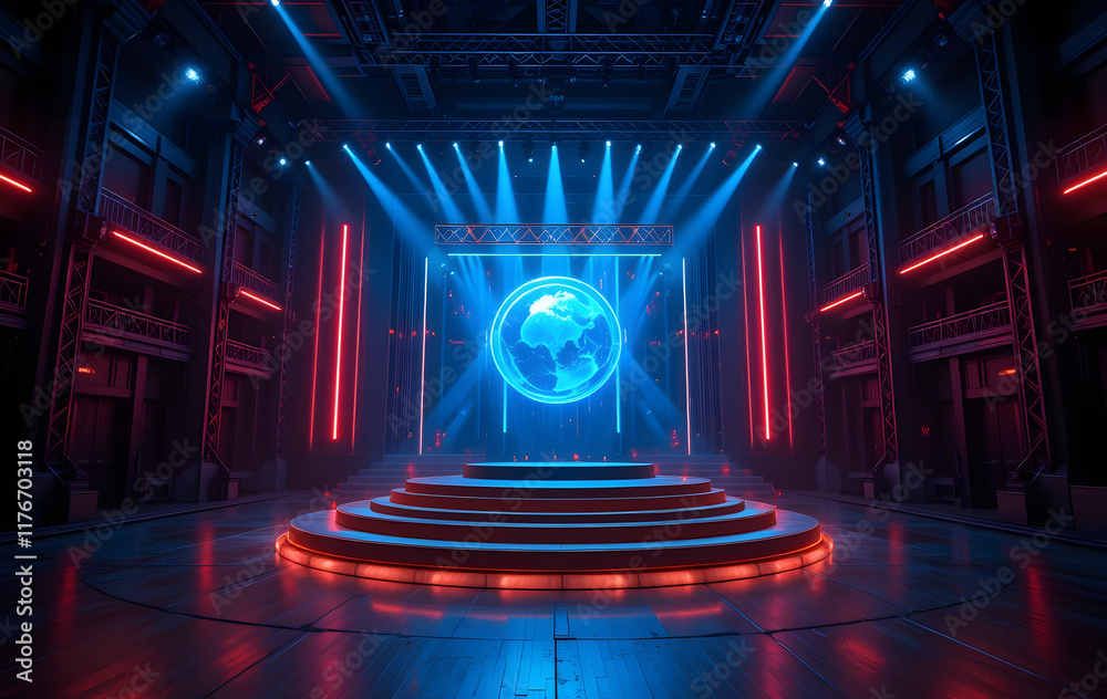 Obraz premium A dark warehouse with glowing LED lights, a futuristic stage, and a virtual night blue cyber alien spaceship creates a 3D rendering of a concert showroom podium in a laser-lit studio