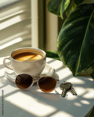 Stylish sunglasses and car keys beside a steaming cup of coffee, creating a relaxed, inviting atmosphere.