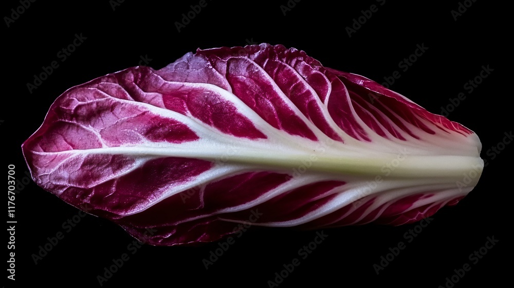 Obraz premium Close up of a vibrant radicchio leaf, isolated on a smooth black surface with contrasting shadows