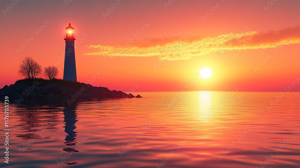 A serene sunset view featuring a lighthouse on a rocky island, reflecting on calm waters. A serene sunset view featuring a lighthouse on a rocky island, reflecting on calm waters.