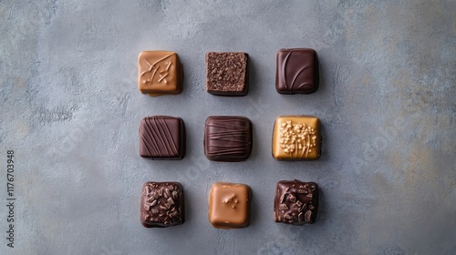 Overhead view of chocolate pralines with branding area photo