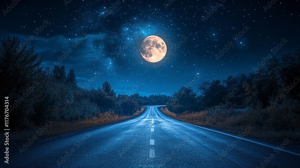 Fototapeta premium Night road leading to a full moon under a starry sky.