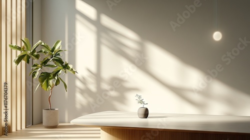 A Zoom background featuring a contemporary desk, light gray backdrop, and small potted plant