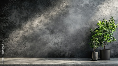 A Zoom background featuring a contemporary desk, light gray backdrop, and small potted plant