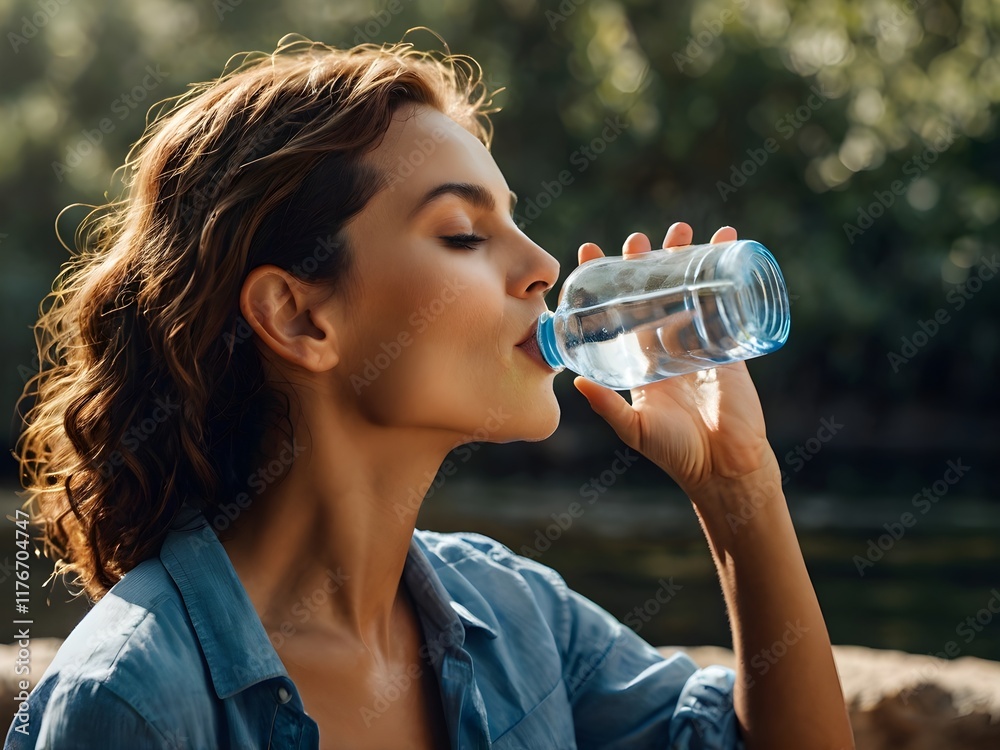 a woman is drinking bottled water a woman is drinking bottled water
