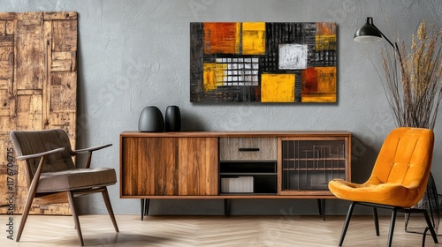 A Zoom background featuring decorative furniture, a light gray wall, and abstract art