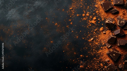 Scattered cocoa powder with space for marketing text