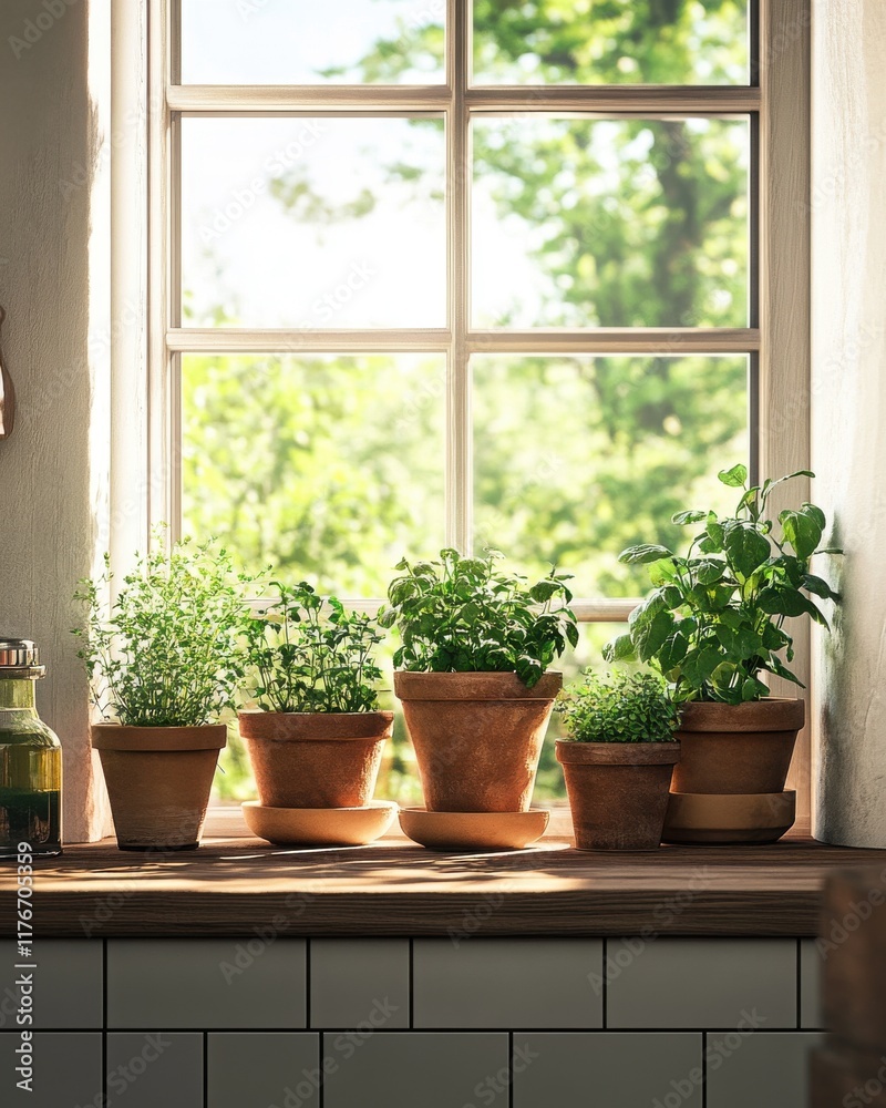 A vibrant display of green herbs in terracotta pots by a sunlit kitchen window. A vibrant display of green herbs in terracotta pots by a sunlit kitchen window.