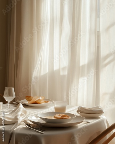 A serene breakfast table featuring a pastry and a glass of water, softly illuminated by natural light. photo